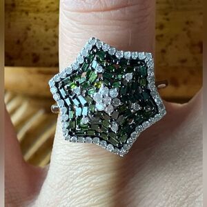 Natural Green Diamond White Diamond Sterling Silver Ring Size 7.5